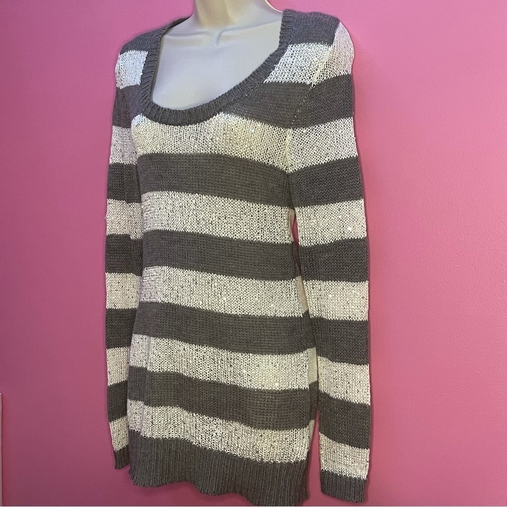 Grey Striped Sparkly Long Sleeve Ribbed Crewneck Knit Sweater
